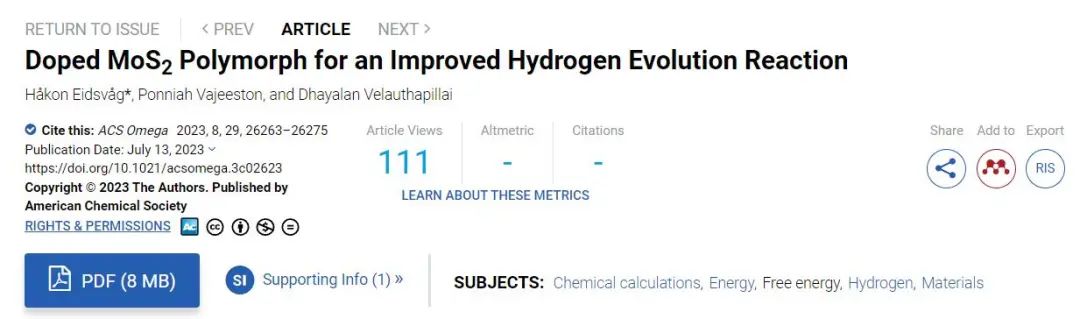 纯计算ACS omega：掺杂MoS2多晶体以改善析氢反应活性