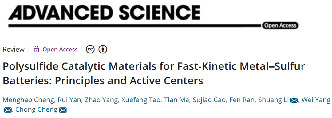 程冲/杨伟/李爽Adv. Sci.: 用于快速动力学金属硫电池的多硫化物催化剂