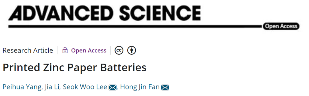 南洋理工范红金教授Adv. Sci.: 一种可打印的纸质锌基电池