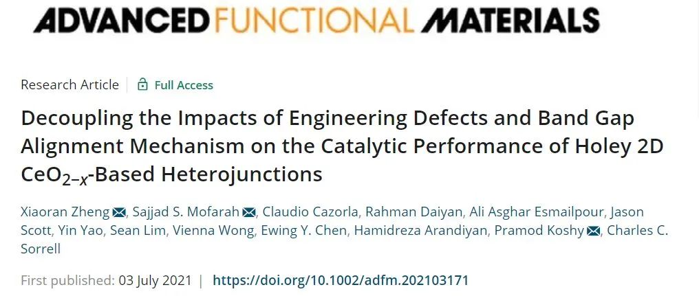 AFM：解耦缺陷和带隙对齐机制对多孔2D CeO2-x基异质结催化性能的影响