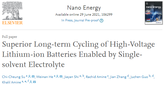 Nano Energy：单溶剂电解液实现高压锂离子电池长期稳定循环