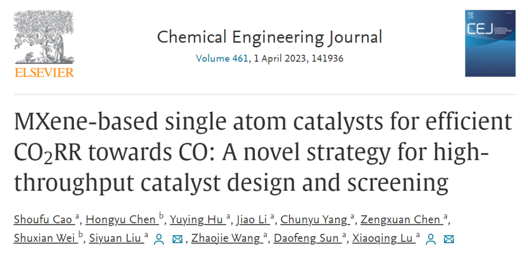 CEJ：DFT计算设计筛选用于高效CO2RR的MXene基单原子催化剂