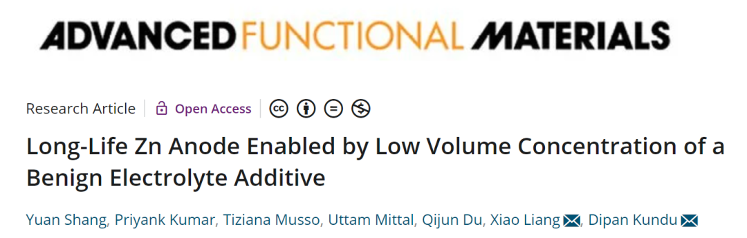 湖大梁宵AFM: 10 vol%低体积浓度下实现稳定锌负极的良性电解液添加剂！