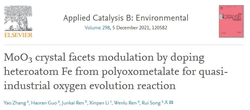宋锐Appl. Catal. B.: 通过多金属氧酸盐中掺杂杂原子Fe以调制MoO3晶面用于准工业析氧反应