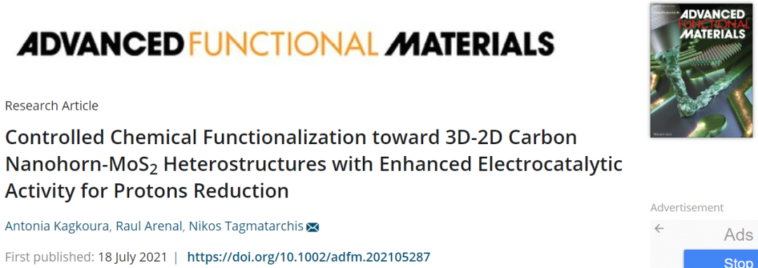 AFM：3D-2D CNH-MoS2异质结构的可控化学功能化及其对质子还原的电催化活性