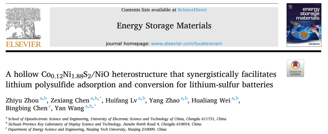陈泽祥/王艳EnSM：异质结构硫主体协同促进锂硫电池多硫化物吸附和转化