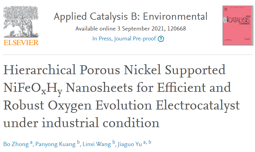 武理余家国Appl. Catal. B.：分层多孔Ni负载NiFeOxHy纳米片在工业条件下实现高效和稳定的OER
