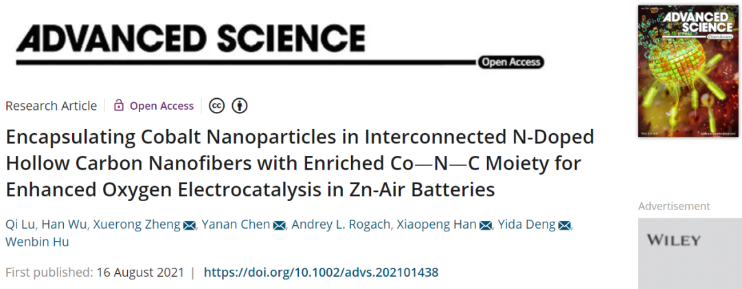 天大Adv. Sci.：封装Co NPs的互连N-掺杂中空碳纳米纤维增强Zn-空气电池中的氧电催化