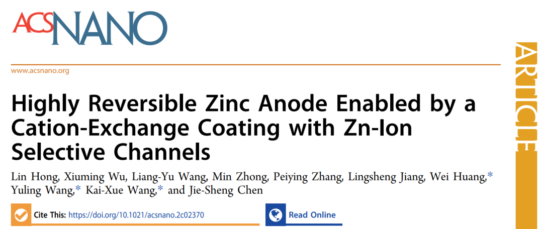 王开学/黄卫/汪羽翎ACS Nano: 基于阳离子交换涂层实现高度可逆的锌负极
