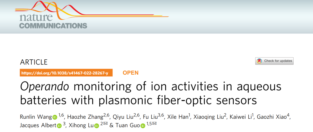 郭团/卢锡洪Nature子刊：等离子体光纤传感器原位监测水系电池中的离子运动