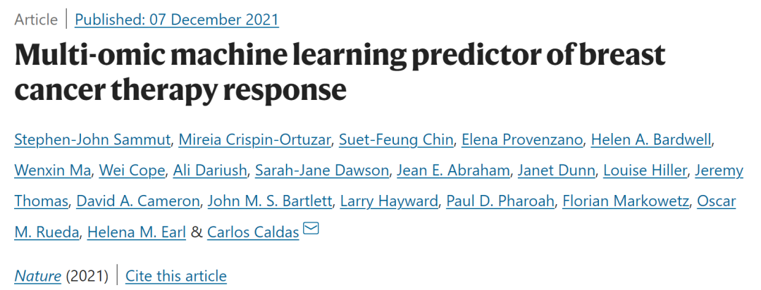 剑桥大学Nature: 预测乳腺癌治疗反应的多组学机器学习预测器