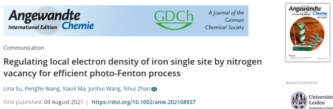 展思辉Angew.：高出18倍！利用氮空位调节Fe单原子位点局部电子密度实现高效光-Fenton过程