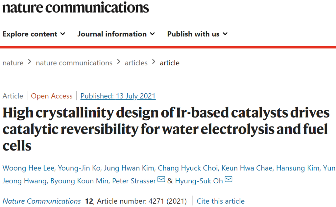 Nature子刊：高结晶度Ir基催化剂助力水电解和燃料电池