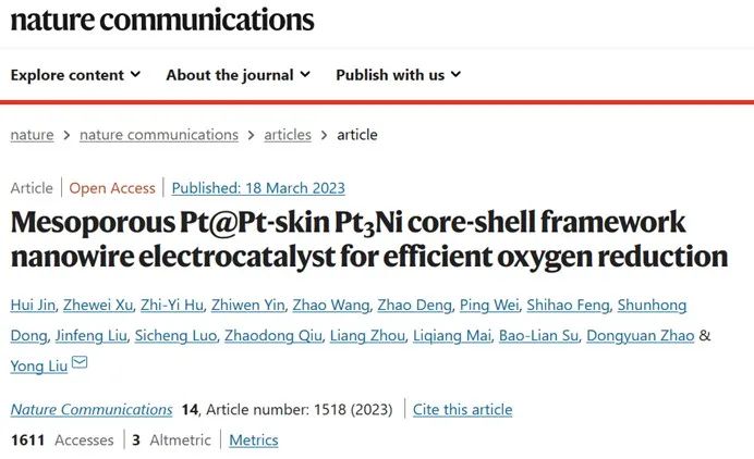 Nature子刊：介孔Pt@Pt-skin Pt3Ni核-壳骨架纳米线电催化剂用于高效氧还原