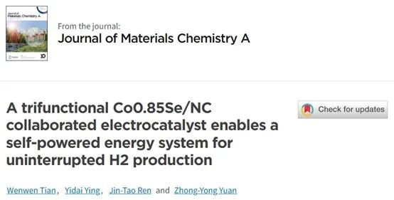 袁忠勇JMCA：三功能催化剂!Co0.85Se/NC使自供电能源系统不间断产氢成为可能！