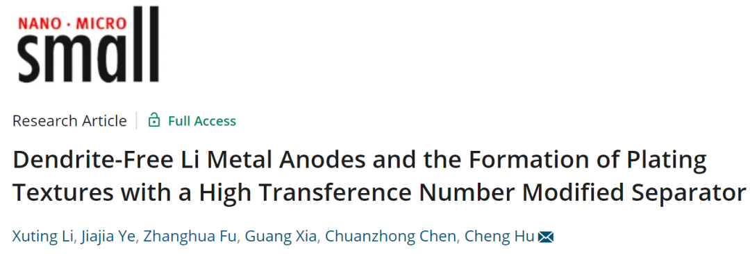 山大胡成Small: 一种实现锂金属负极无枝晶的高离子转移数改性隔膜