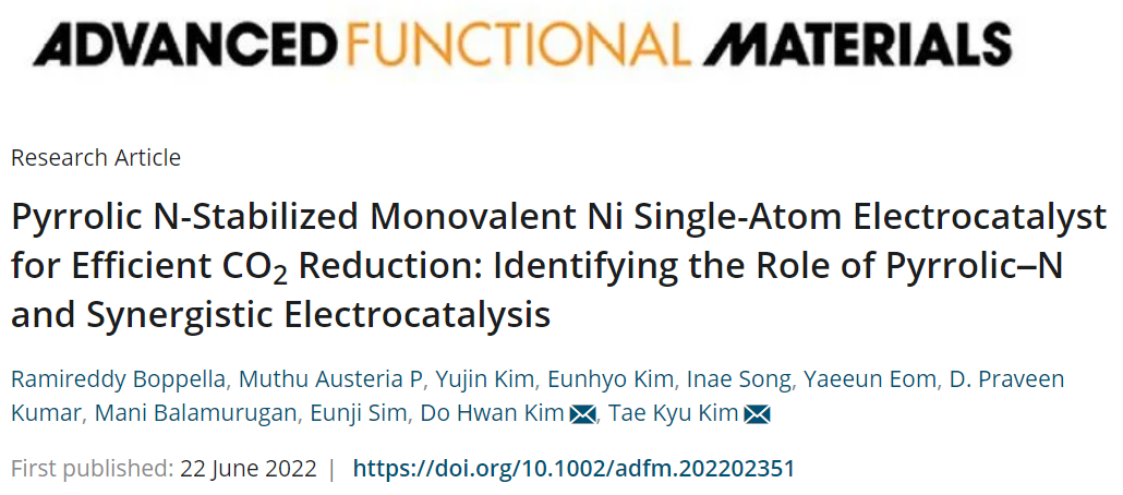AFM：吡咯氮稳定的单价Ni单原子电催化剂用于CO2还原