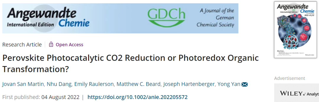 鄢勇Angew：钙钛矿光催化CO2还原或光氧化还原有机转化？