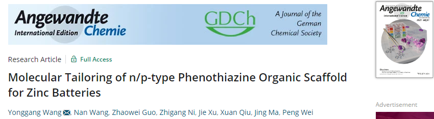 复旦大学王永刚Angew：n/p型吩噻嗪有机支架的分子定制助力锌电池