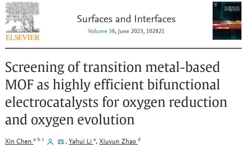【MS论文精读】Surf. Interfaces：过渡金属基MOF作为高效双功能电催化剂的筛选