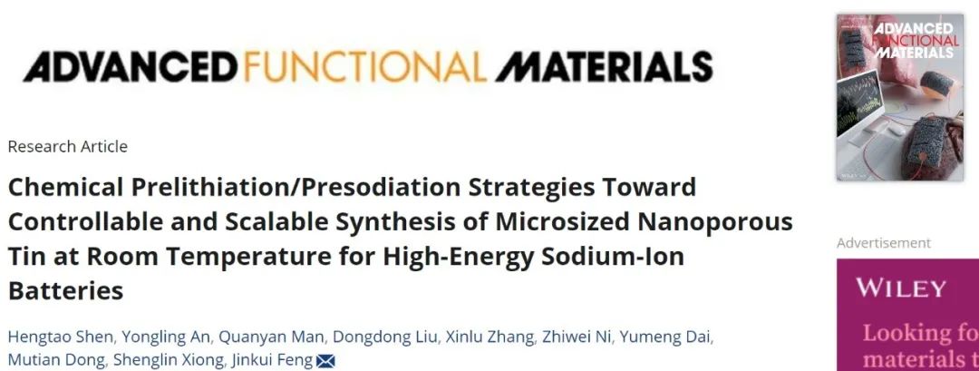 山大冯金奎AFM：室温下可控可扩展地合成用于高能钠离子电池的多孔锡