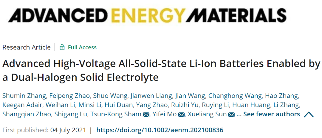 孙学良/Tsun-Kong/莫一飞AEM：由双卤素固体电解质实现的先进高压全固态锂离子电池
