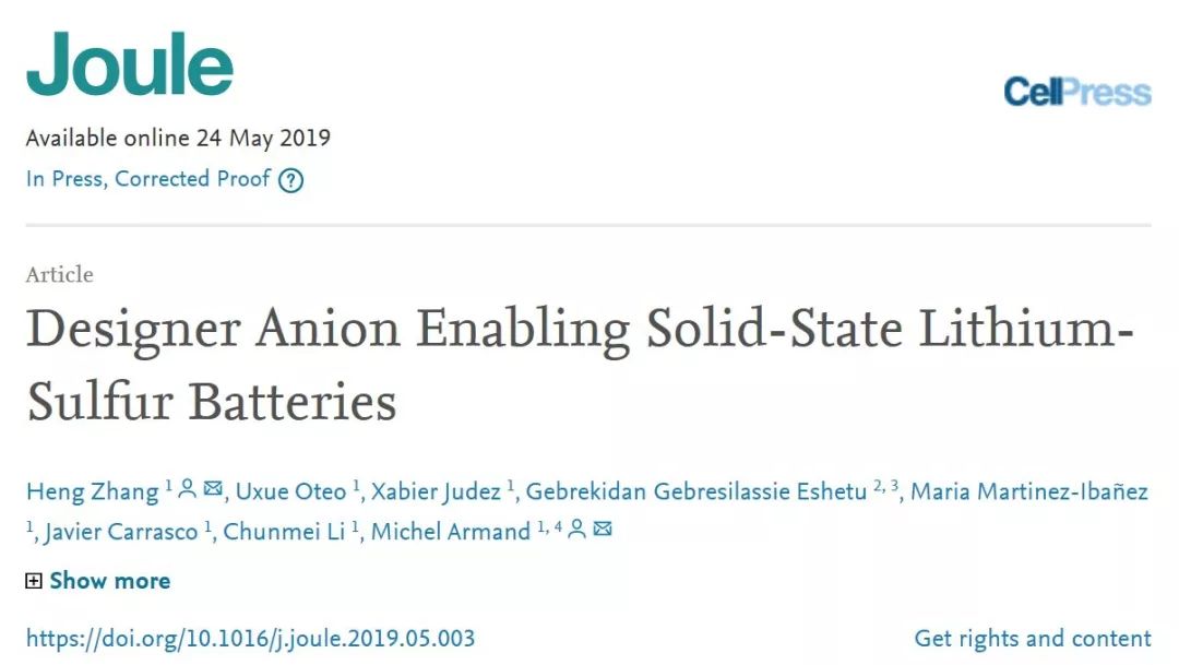 【电池】Armand组最新Joule：阴离子调控助力高性能固态锂硫电池