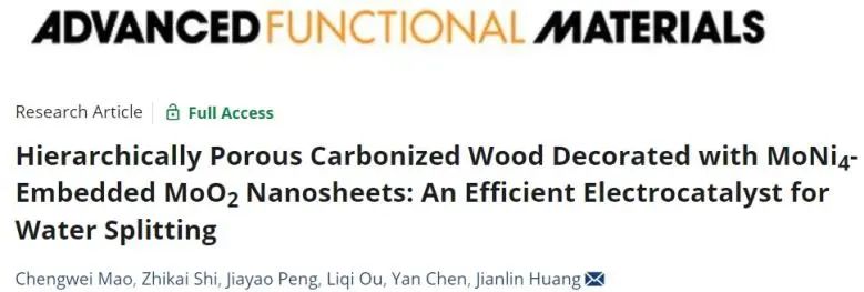 ​华南理工大学AFM：多孔炭化木材上构建MoNi4/MoO2纳米片，用于高效催化水分解产氢