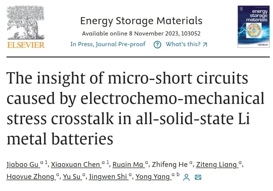 厦大杨勇EnSM：全固态锂金属电池中电化学机械应力串扰引起电池微短路的见解