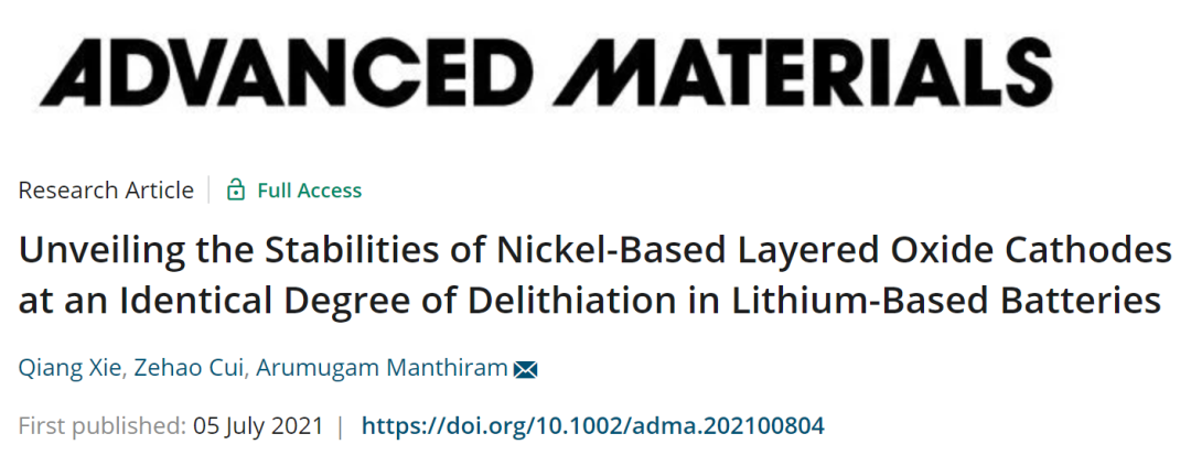 AM: 揭示镍基层状氧化物正极在锂基电池脱锂程度相同时的稳定性