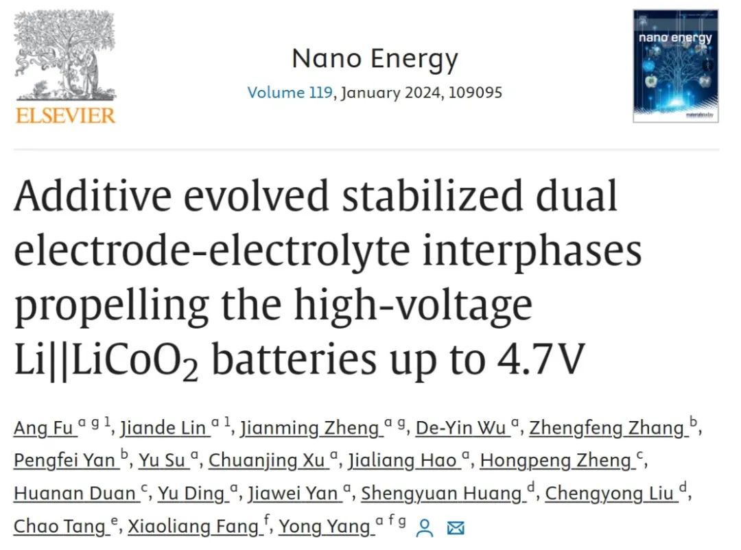 厦大杨勇Nano Energy：稳定双电极电解质界面实现4.7V高压 Li||LiCoO2 电池