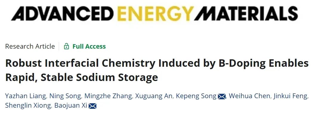​山大奚宝娟/宋克鹏AEM：B掺杂诱导的界面化学实现快速、稳定的钠存储
