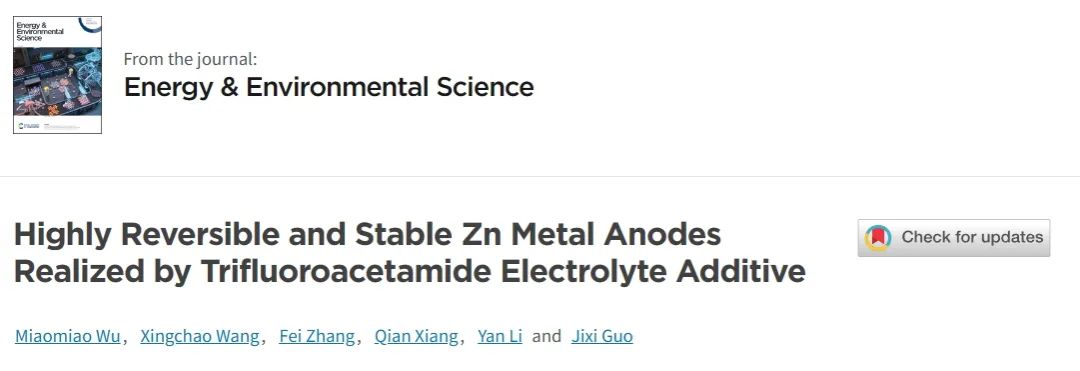 ​新大郭继玺EES：三氟乙酰胺电解液添加剂实现高可逆稳定的锌金属负极