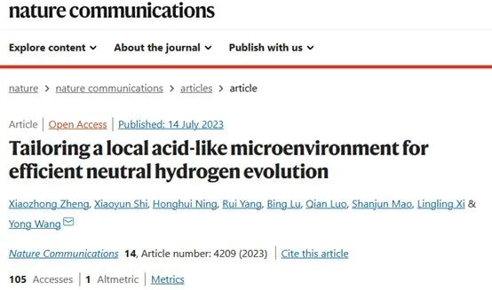 浙江大学王勇团队Nature子刊：调控局部类酸微环境实现高效析氢