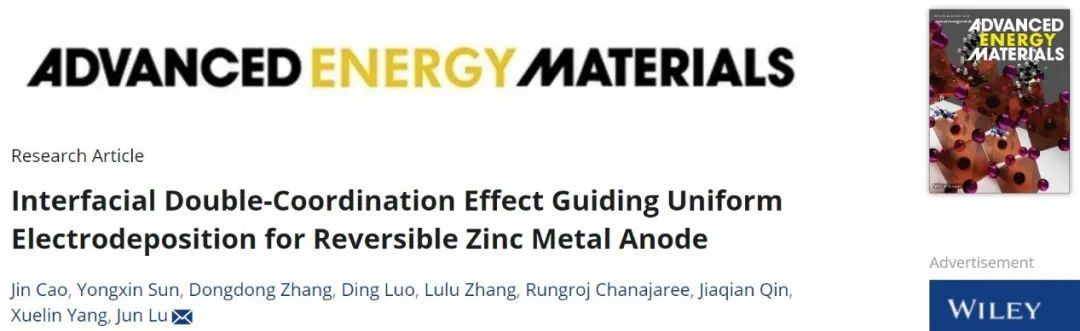 ​浙大陆俊AEM：界面双配位效应引导可逆锌金属阳极的均匀电沉积