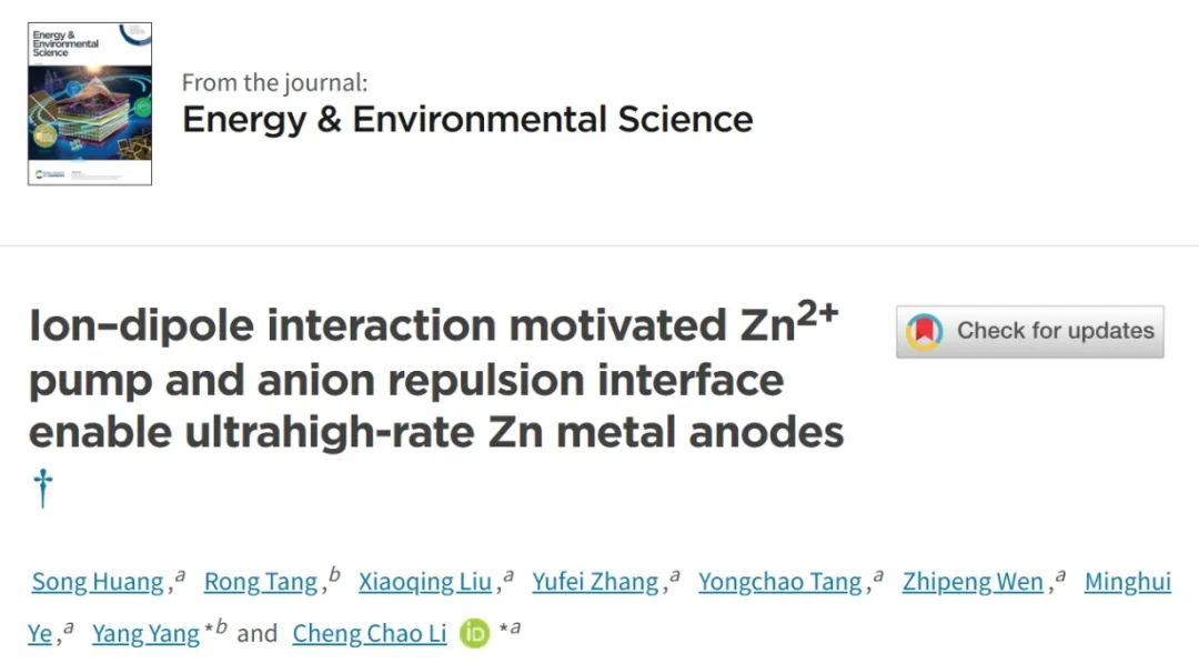 ​广工大李成超/厦大杨阳EES：离子偶极相互作用驱动的 Zn2+泵和阴离子排斥界面实现超高倍率锌金属负极