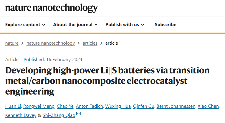 Nat Nanotech：乔世璋团队报道高功率锂硫电池中碳基金属纳米催化剂的设计