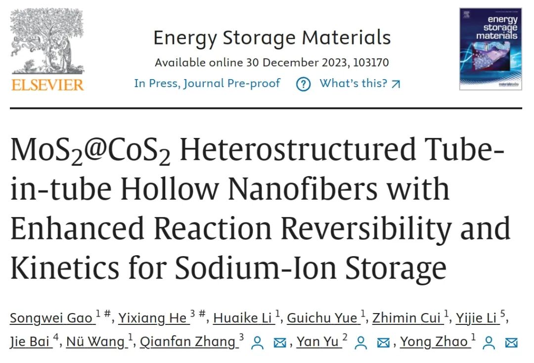 ​中科大/北航EnSM：MoS2@CoS2中空纳米纤维用于钠离子存储