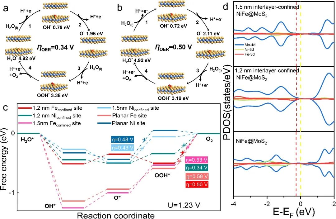 【DFT+实验】江西师范袁彩雷教授团队：二维MoS2层间限域NiFe双原子提升酸性全解水性能