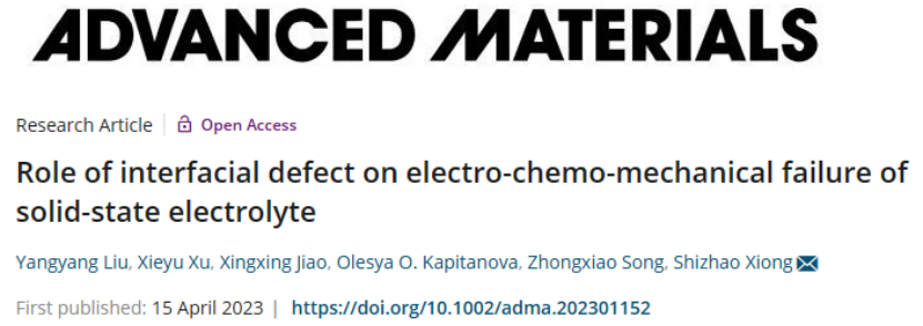 【多物理场】瑞典查尔姆斯理工大学熊仕昭AM：界面缺陷对固态电解质电化学机械失效的作用