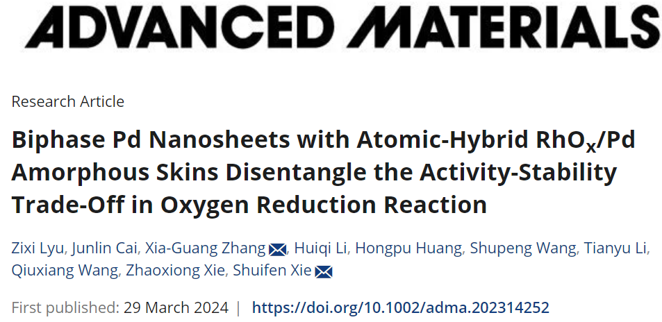 谢水奋/张霞光AM：c/a-Pd@PdRh NSs在ORR中的活性-稳定性平衡