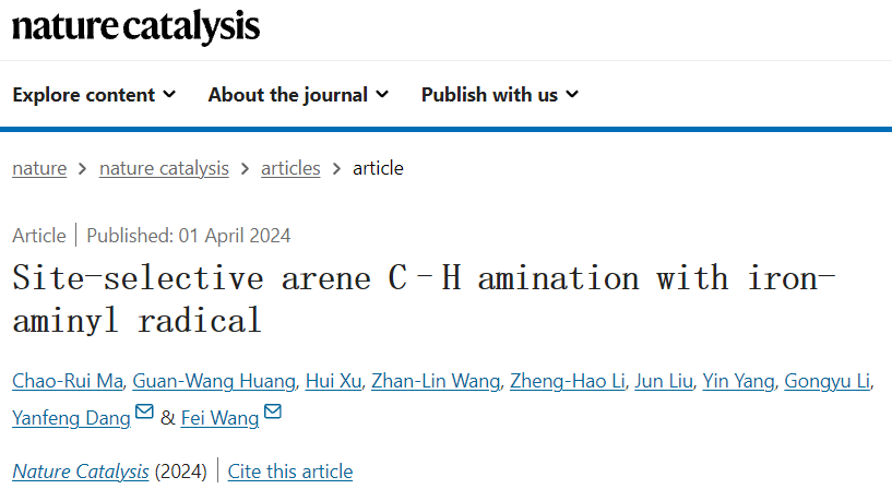 南开大学Nature Catalysis: 铁-氨基自由基实现高选择性芳烃C-H胺化反应