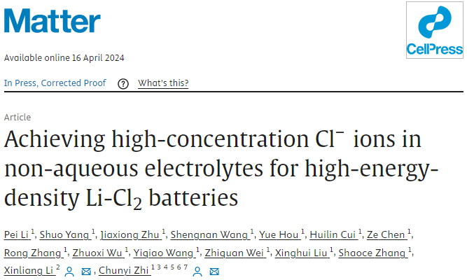 支春义团队最新Matter：1116 Wh/kg高能量密度Li-Cl2电池！