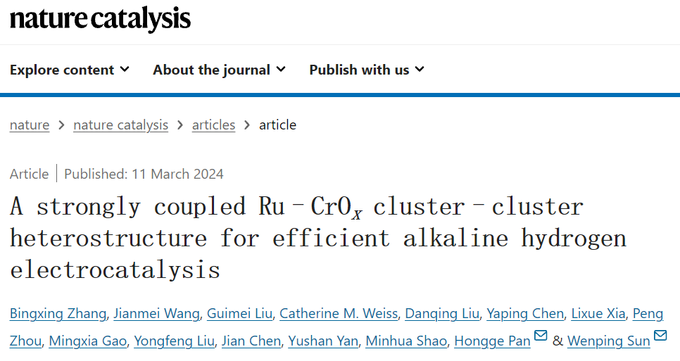 浙大潘洪革/孙文平Nature Catalysis：构建高效碱性氢电催化的团簇-团簇异质结构