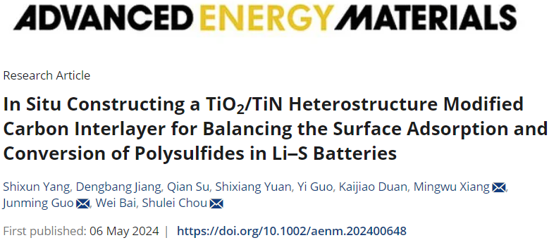 侴术雷/郭俊明/向明武AEM：通过多功能碳夹层平衡锂硫电池中多硫化物的吸附和转化
