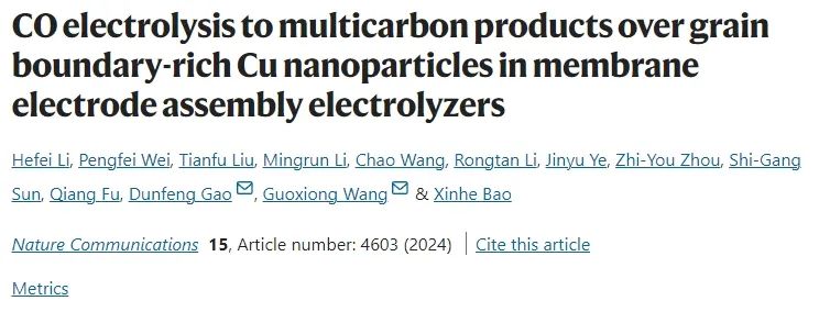 ​大化所Nat. Commun.: 制备富晶界Cu纳米粒子，电解CO生成多碳产物