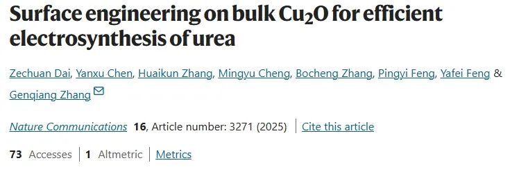 中国科学技术大学章根强Nature子刊：构建Cu/Cu2O异质界面，实现高效尿素电合成！