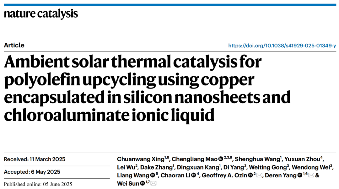 浙江大学孙威/杨德仁院士，重磅Nature Catalysis！