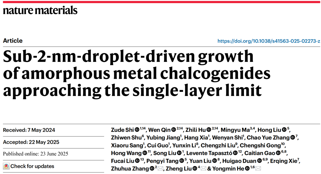 厚度仅仅1 nm！湖南大学/南京航空航天大学，重磅Nature Materials！