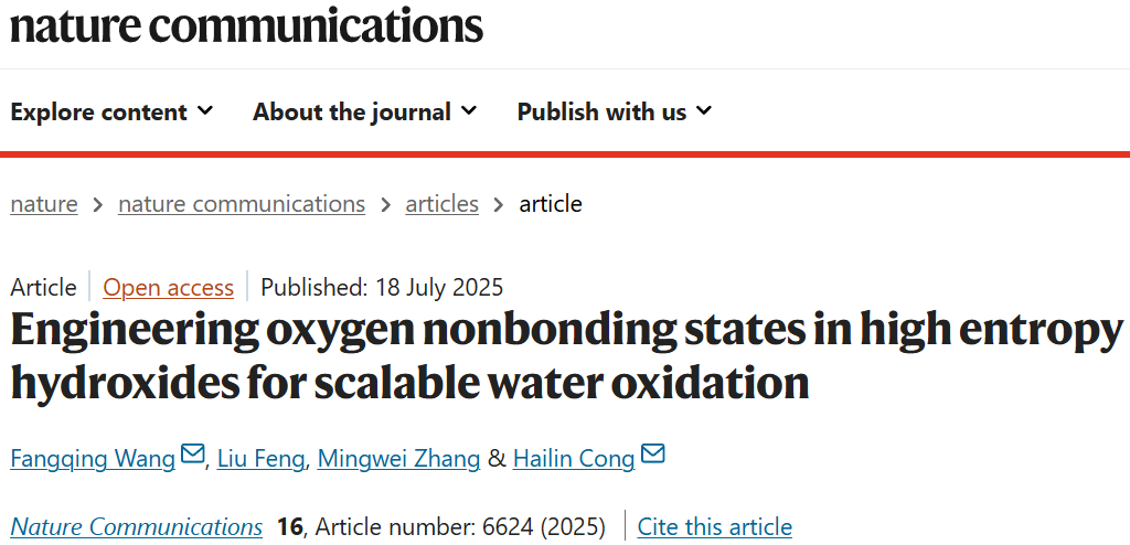 山东理工大学Nature子刊:通过调控高熵氢氧化物中的氧非键合态实现可规模化水氧化
